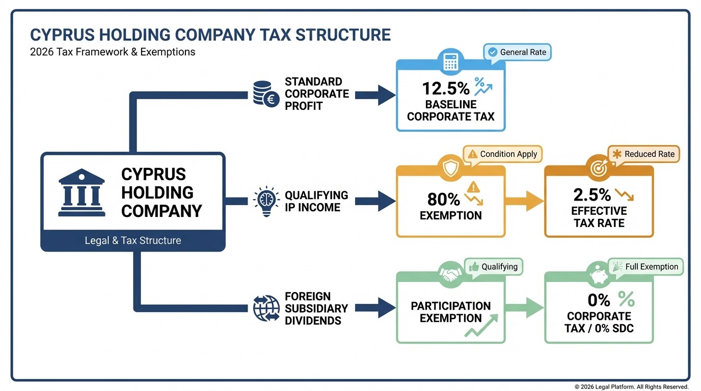 Diagram detailing Cyprus corporate tax rates including the IP Box regime and dividend exemptions