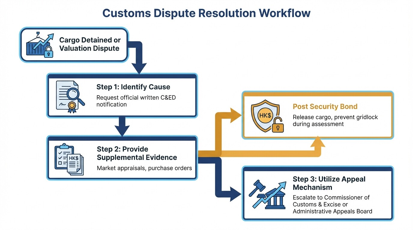 Flowchart diagram outlining the steps to resolve customs disputes and clearance delays in Hong Kong