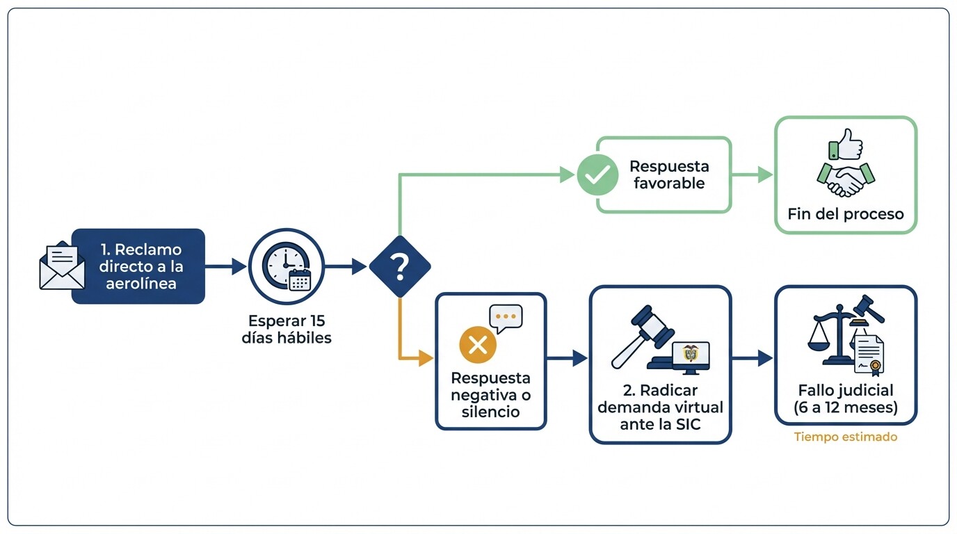 Diagrama de flujo del proceso paso a paso para demandar a una aerolínea ante la SIC en Colombia