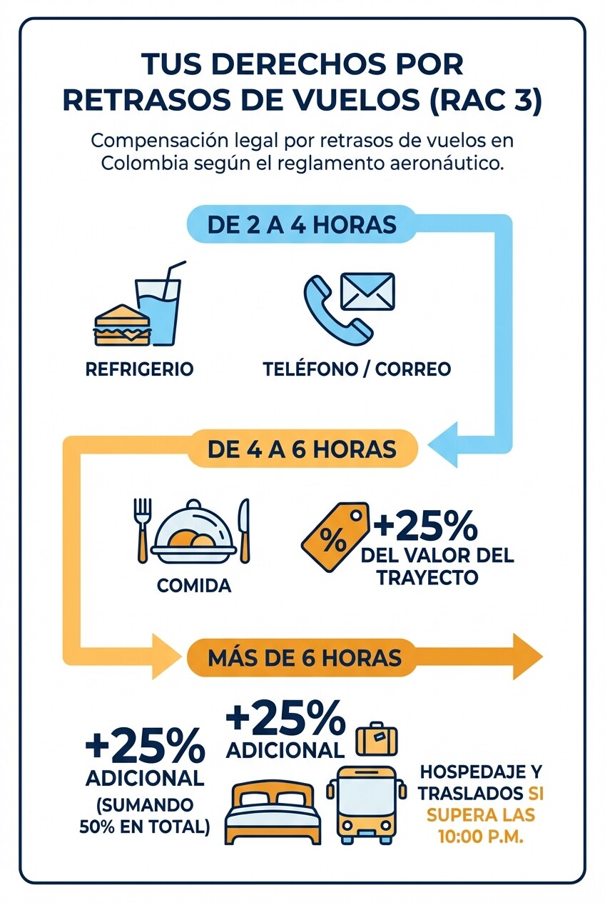 Infografía con los niveles de compensación por retrasos de vuelos en Colombia según las horas de demora