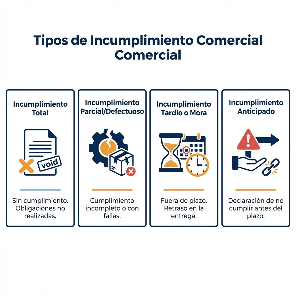 Diagrama que muestra los 4 tipos de incumplimiento de contrato comercial en México