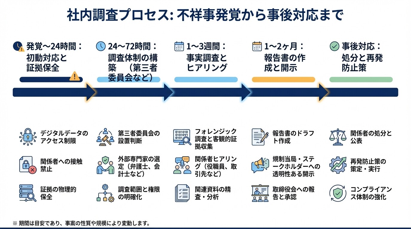 企業における不祥事発覚から事後対応までの社内調査タイムライン