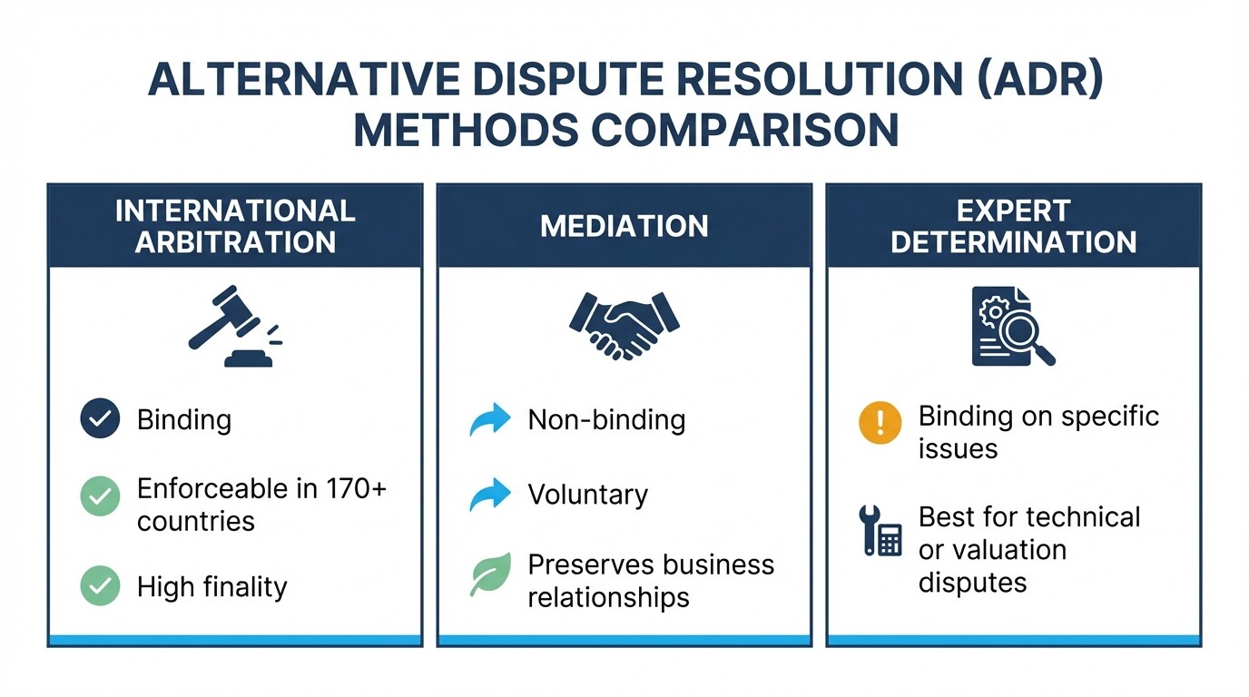 Comparison chart showing features of International Arbitration, Mediation, and Expert Determination