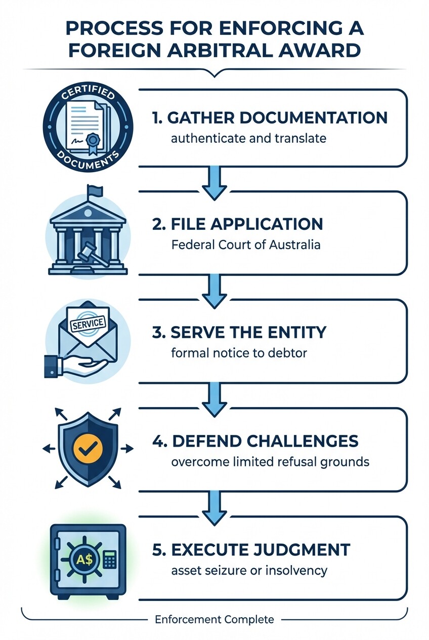 5-step process infographic for enforcing a foreign arbitral award in Australia