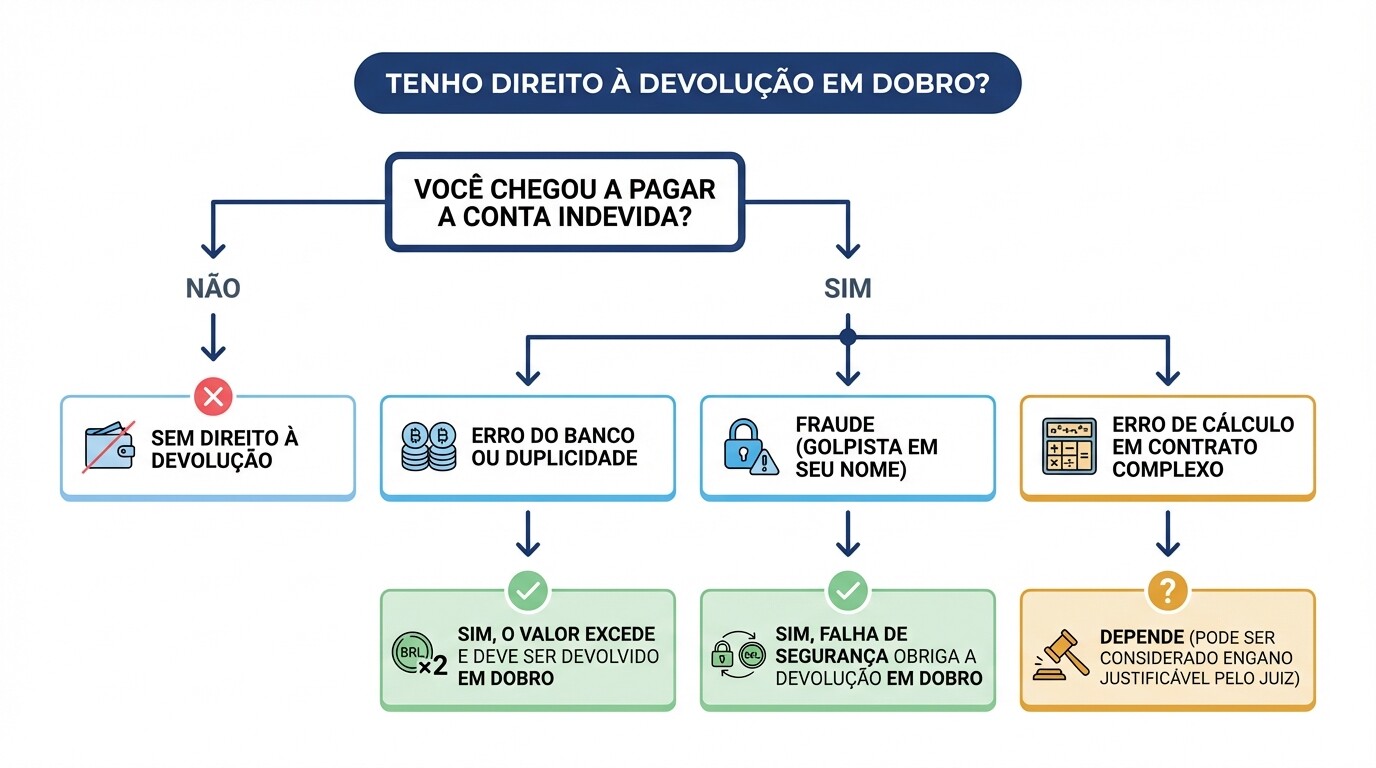 Fluxograma explicativo mostrando as condições e os cenários jurídicos para ter direito à devolução em dobro de uma cobrança indevida.