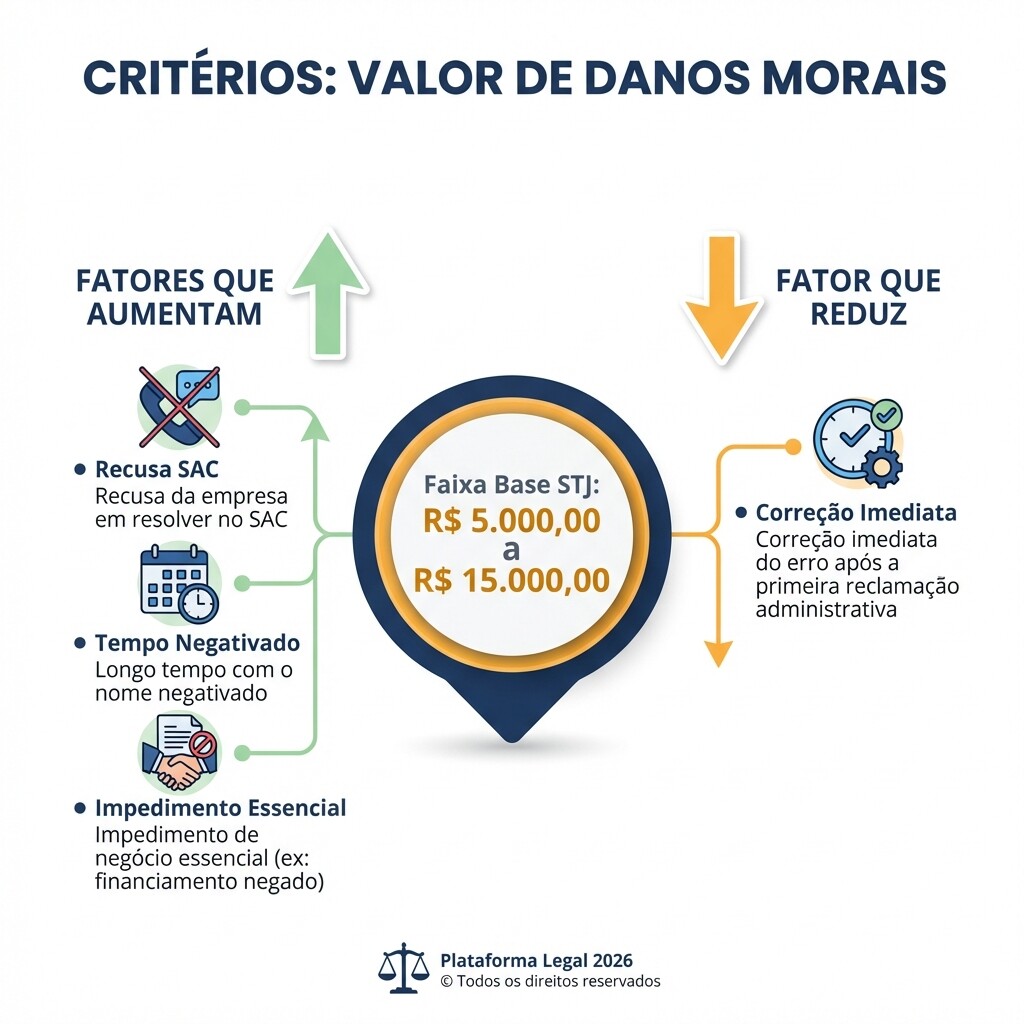 Infográfico ilustrando a faixa de valores de danos morais estipulada pelo STJ e os fatores que aumentam ou diminuem a indenização.