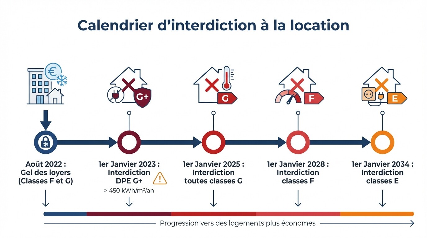 Calendrier de la loi Climat et interdiction de location des passoires thermiques en France