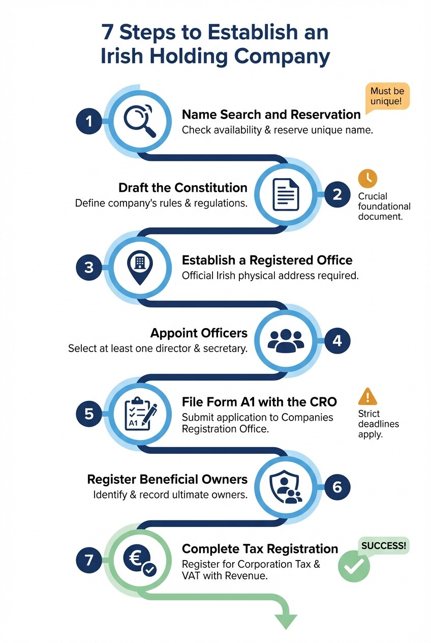 7 step process infographic for registering an Irish holding company