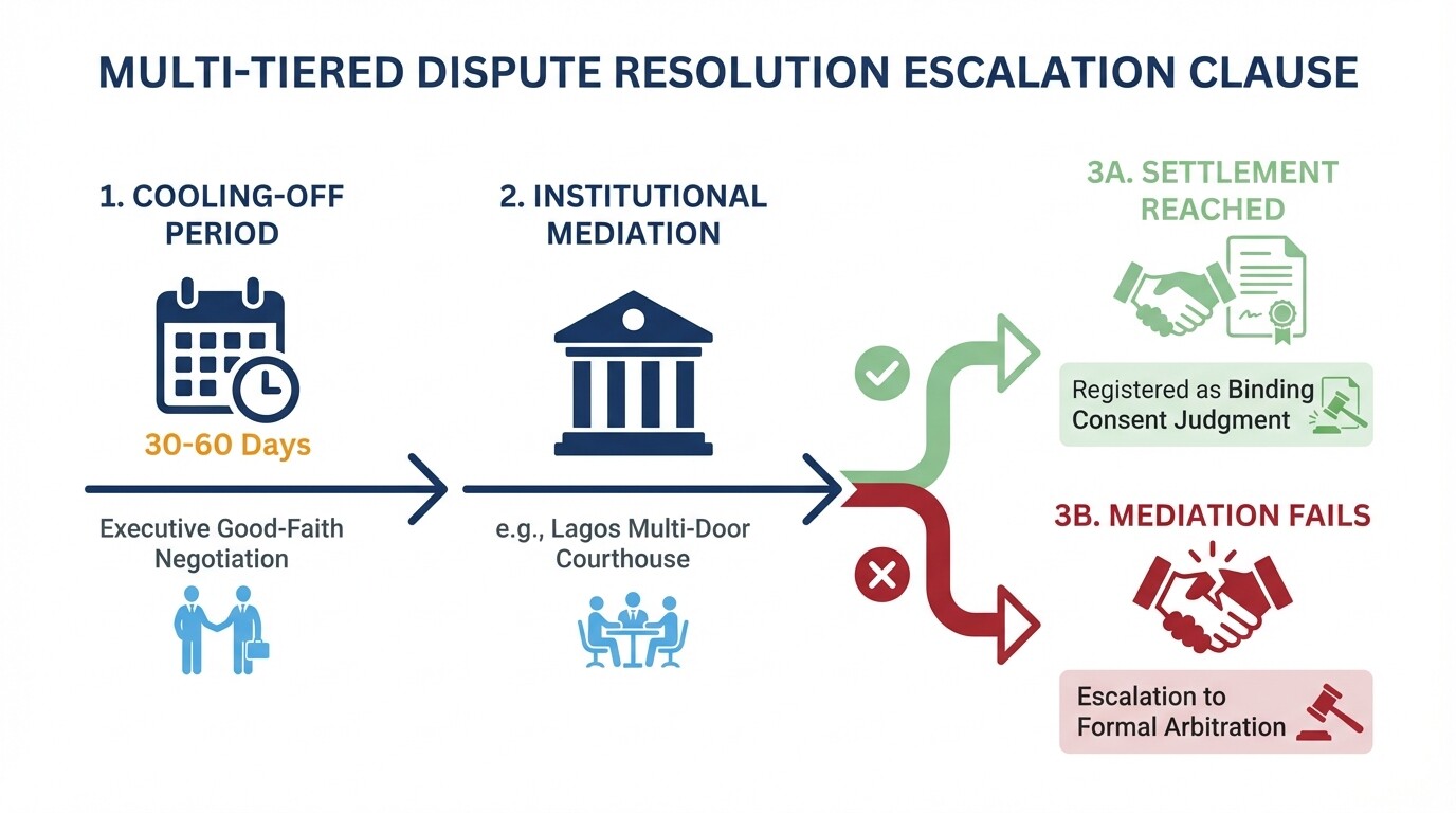 Timeline infographic showing multi-tiered dispute resolution from executive negotiation to arbitration