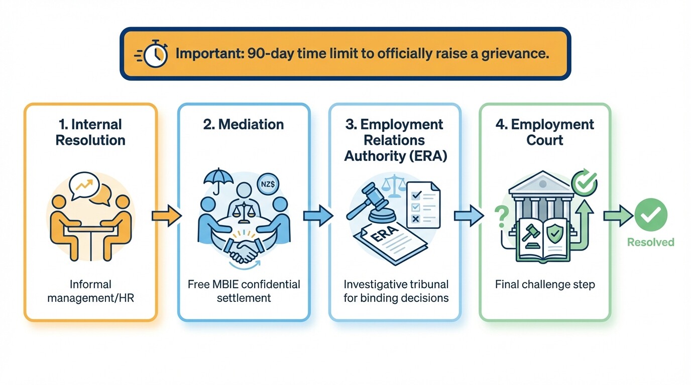 Flowchart showing the 4 steps of New Zealand employment dispute resolution