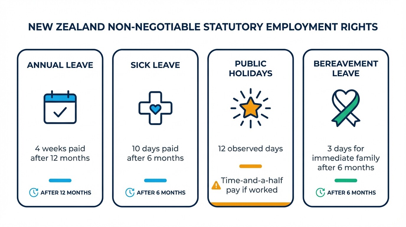 Infographic of New Zealand minimum statutory employment rights and leave