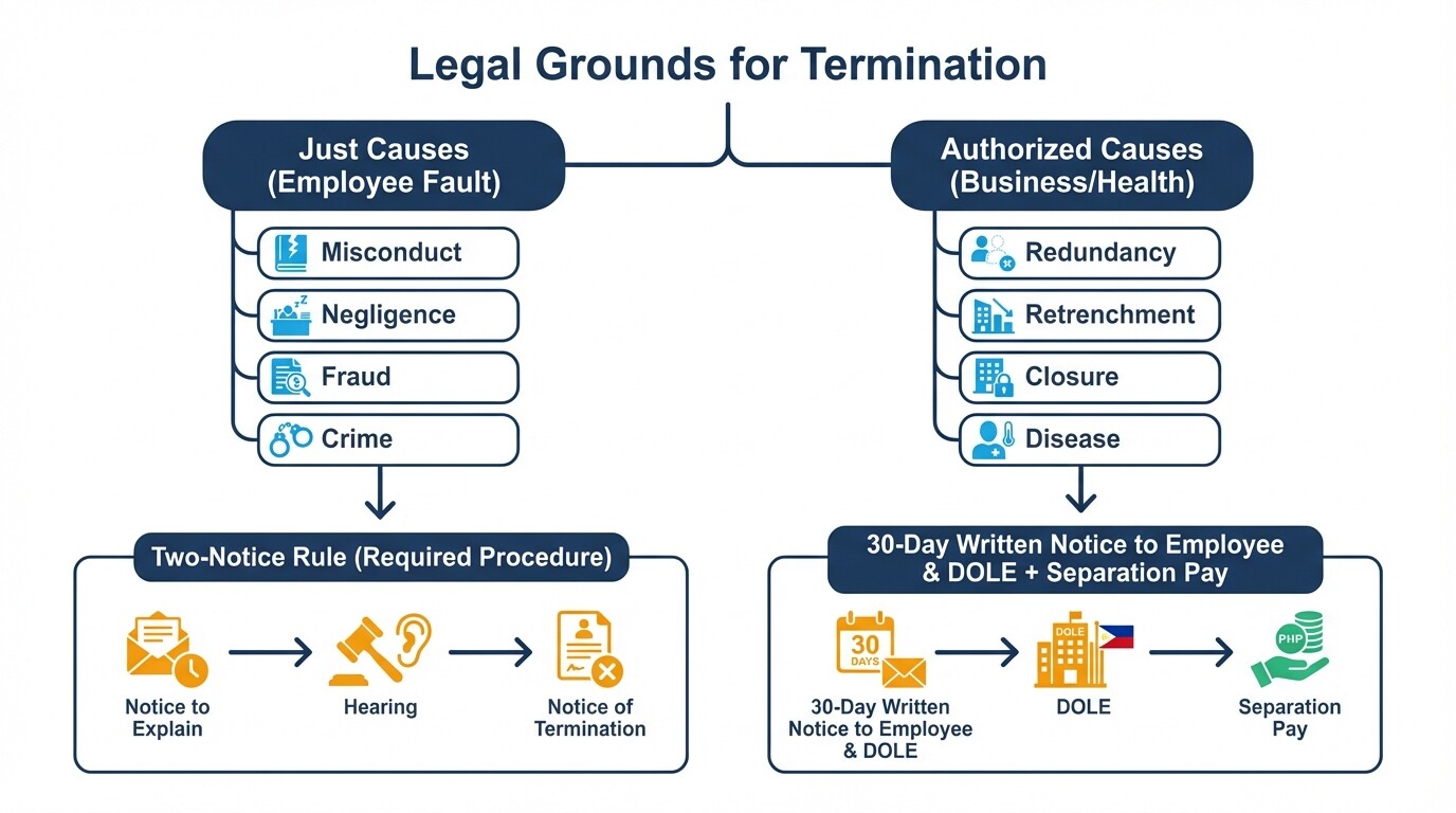 Diagram showing Just Causes versus Authorized Causes for termination in the Philippines