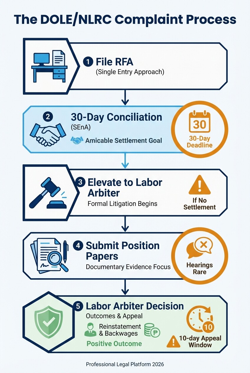 5-step timeline of filing a wrongful dismissal complaint with DOLE and NLRC