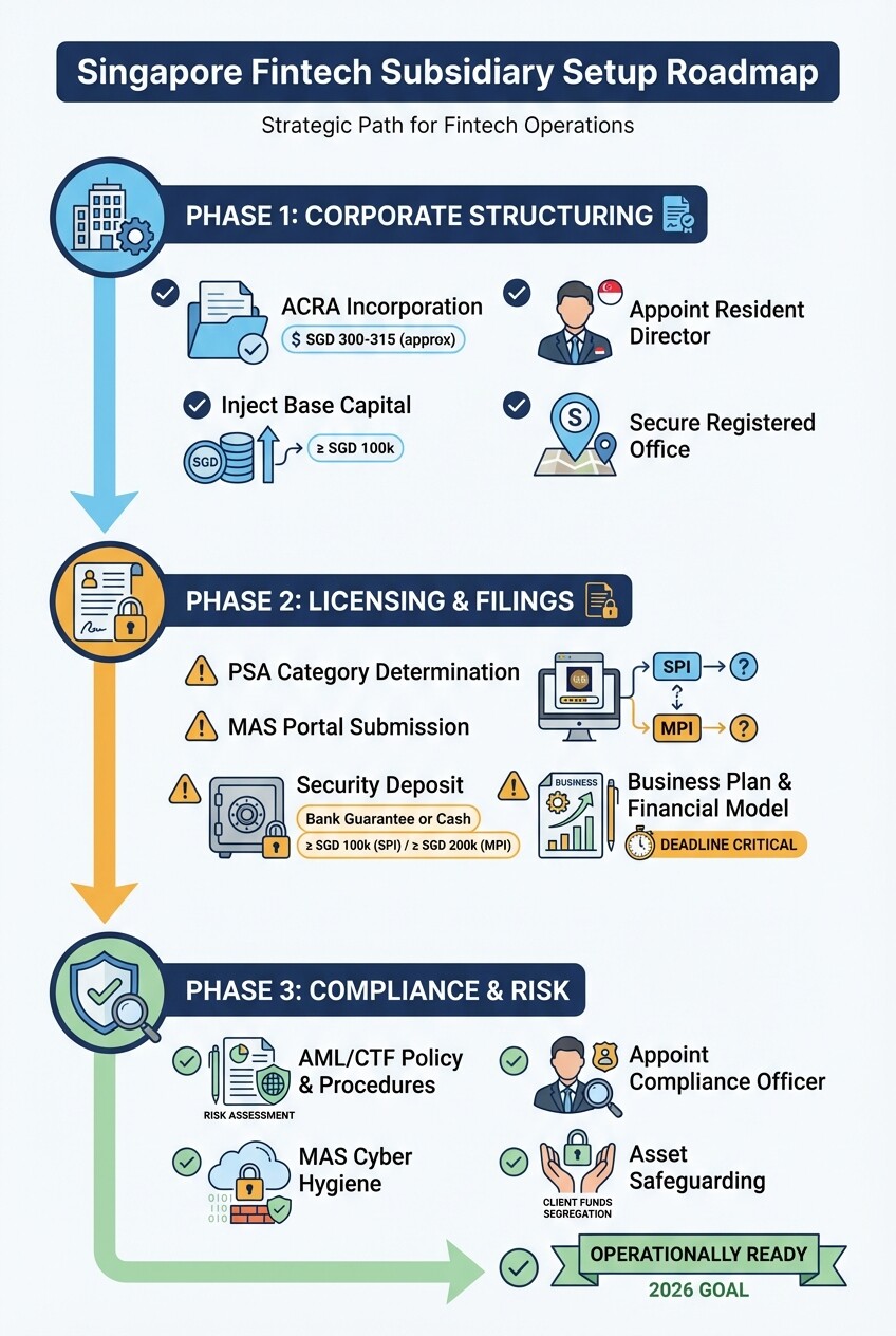 3-phase roadmap infographic for setting up a Singapore fintech subsidiary
