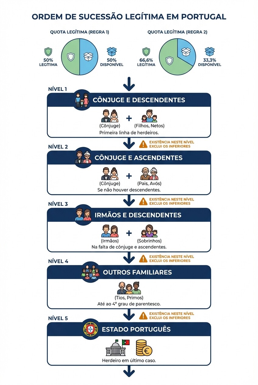 Diagrama explicativo da ordem de sucessão legal e divisão da quota legítima em Portugal