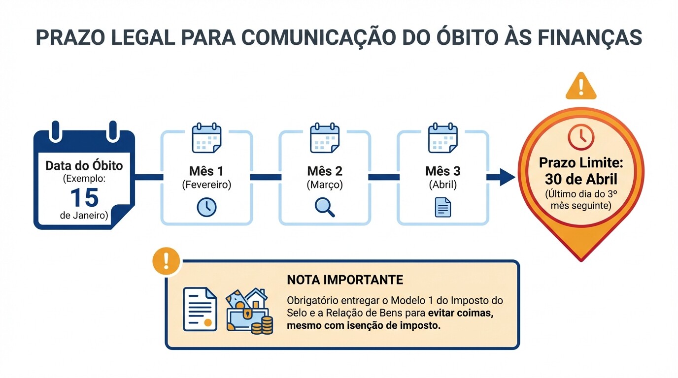 Linha do tempo com exemplo do prazo legal de 3 meses para comunicar um óbito às Finanças