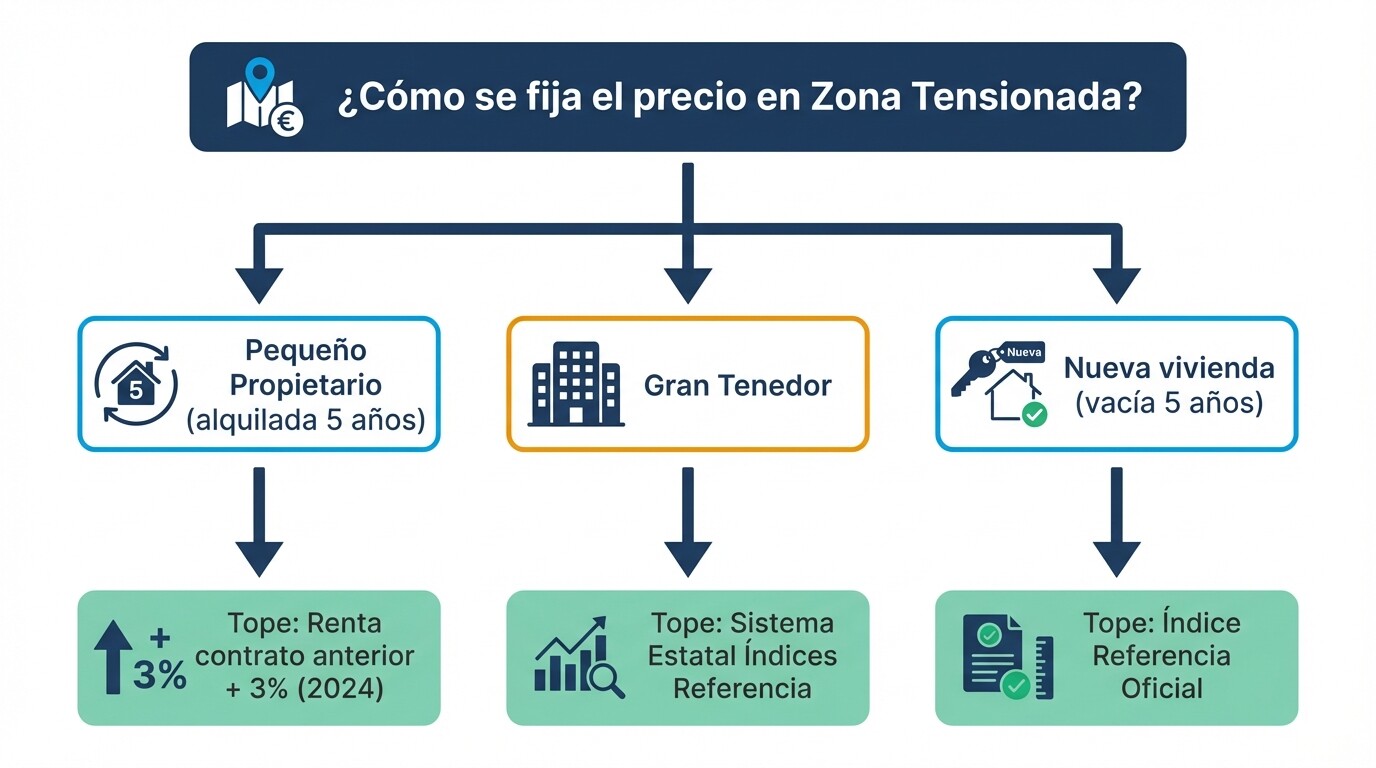 Diagrama de flujo sobre cómo calcular el límite del precio del alquiler en zonas tensionadas de España