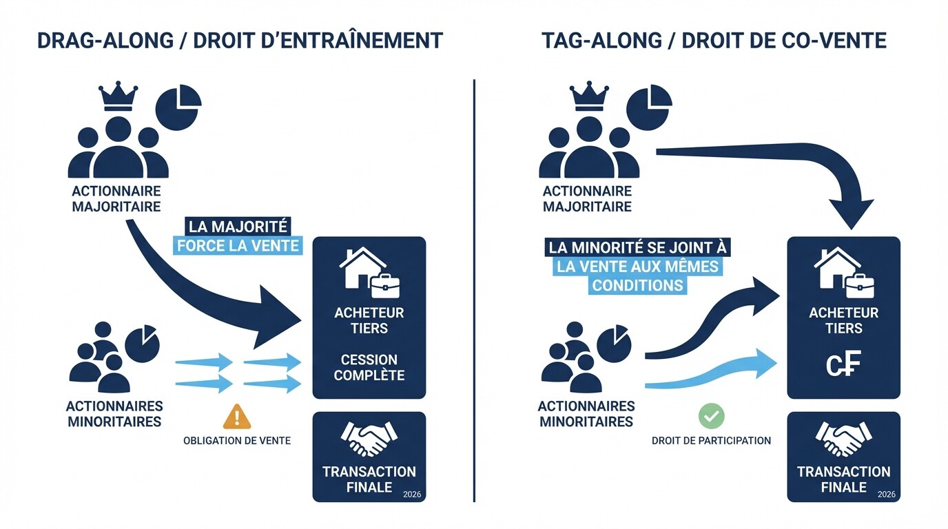 Schéma explicatif des clauses de drag-along et tag-along dans un pacte d'actionnaires