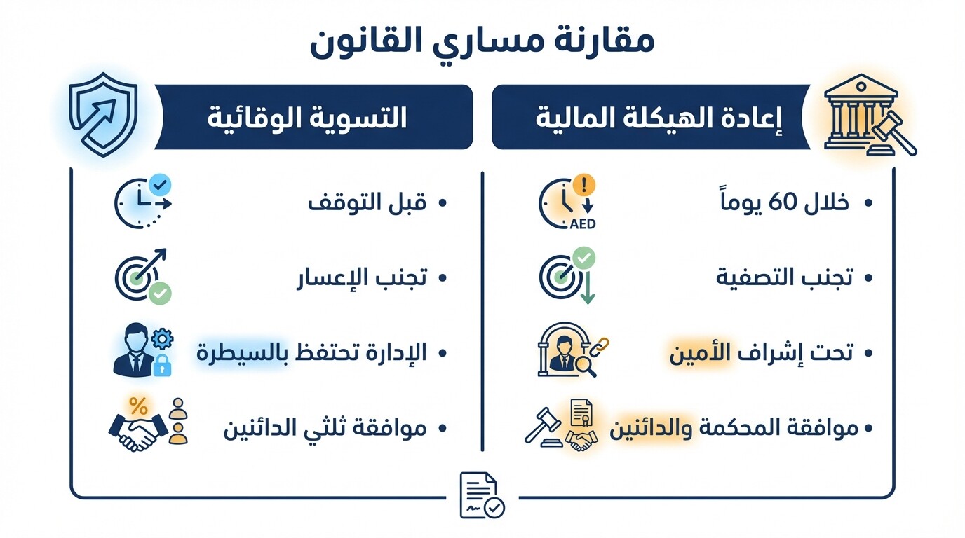جدول مقارنة يوضح الفرق بين التسوية الوقائية وإعادة الهيكلة المالية في الإمارات.