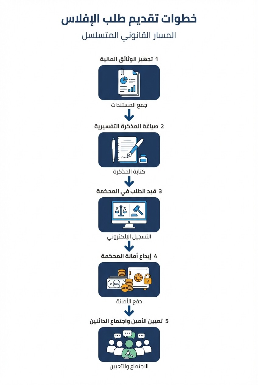 إنفوجرافيك يوضح خطوات تقديم طلب الإفلاس وإعادة الهيكلة للمحاكم في الإمارات.