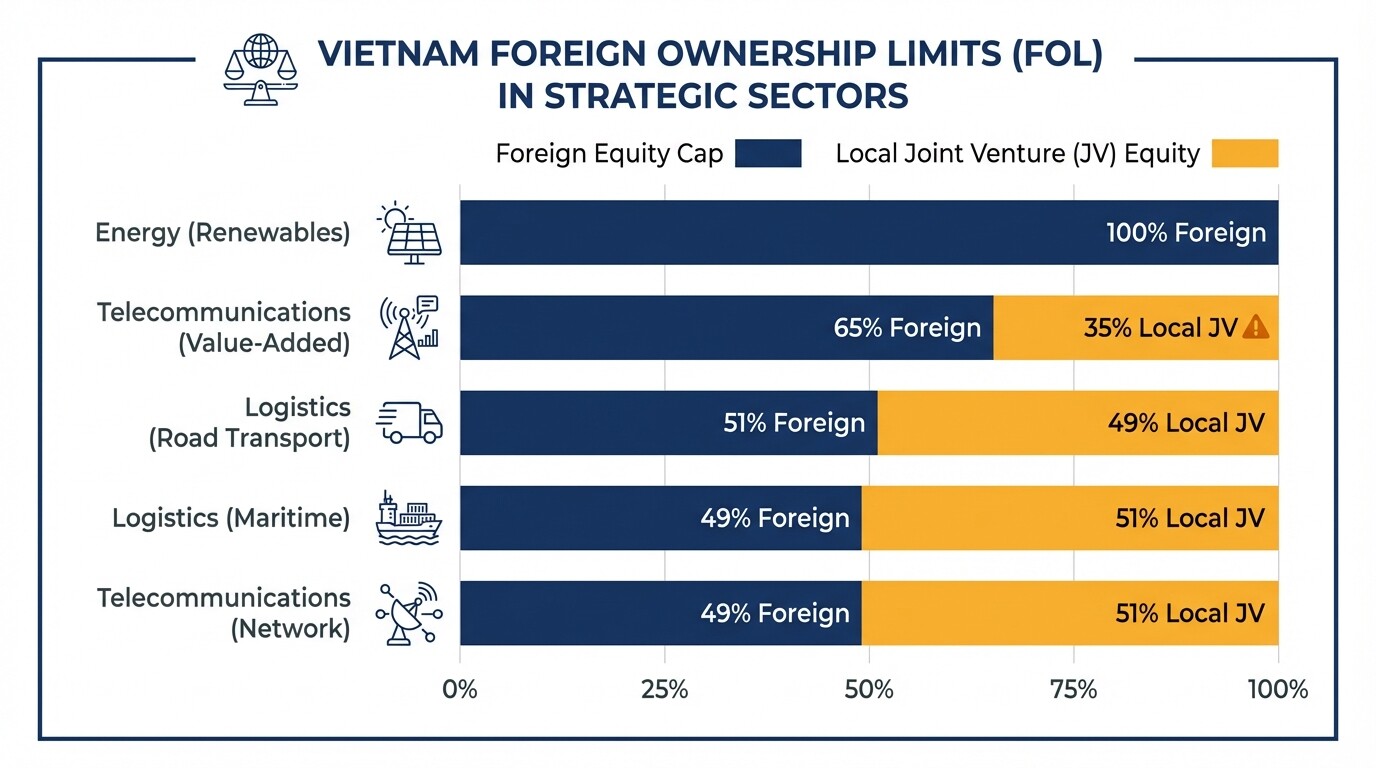 Bar chart of foreign ownership limits in Vietnam logistics, telecom, and energy