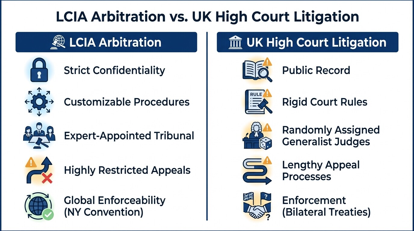 Comparison chart detailing the differences between LCIA Arbitration and UK High Court Litigation
