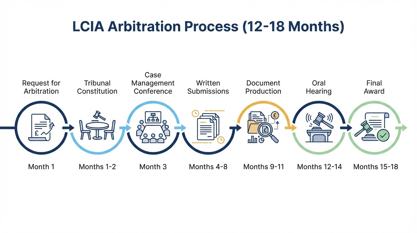 Timeline infographic showing the 18-month step-by-step process of LCIA arbitration
