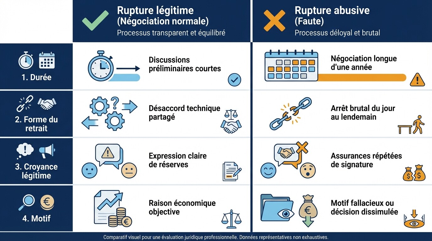Comparaison des critères entre une rupture légitime et une rupture abusive des pourparlers