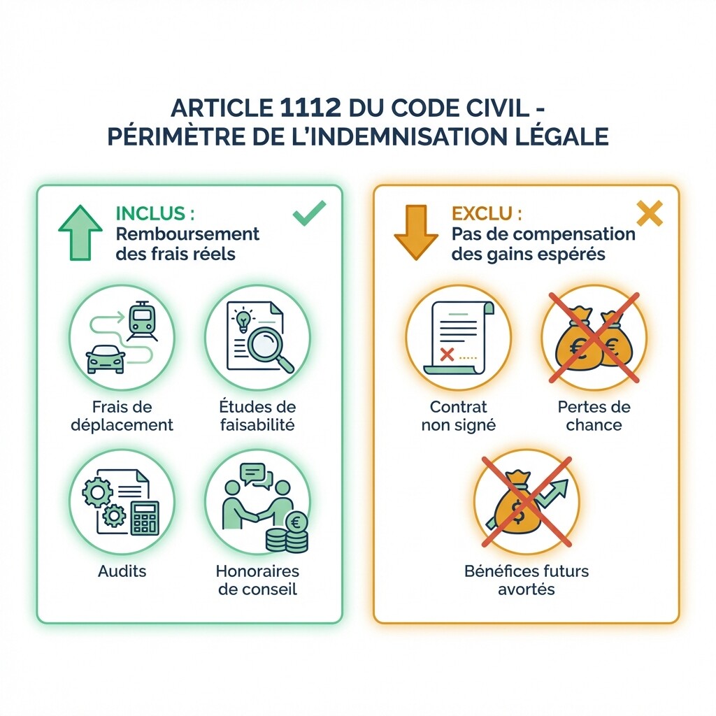 Schéma détaillant les frais indemnisables et exclus en cas de rupture fautive des négociations