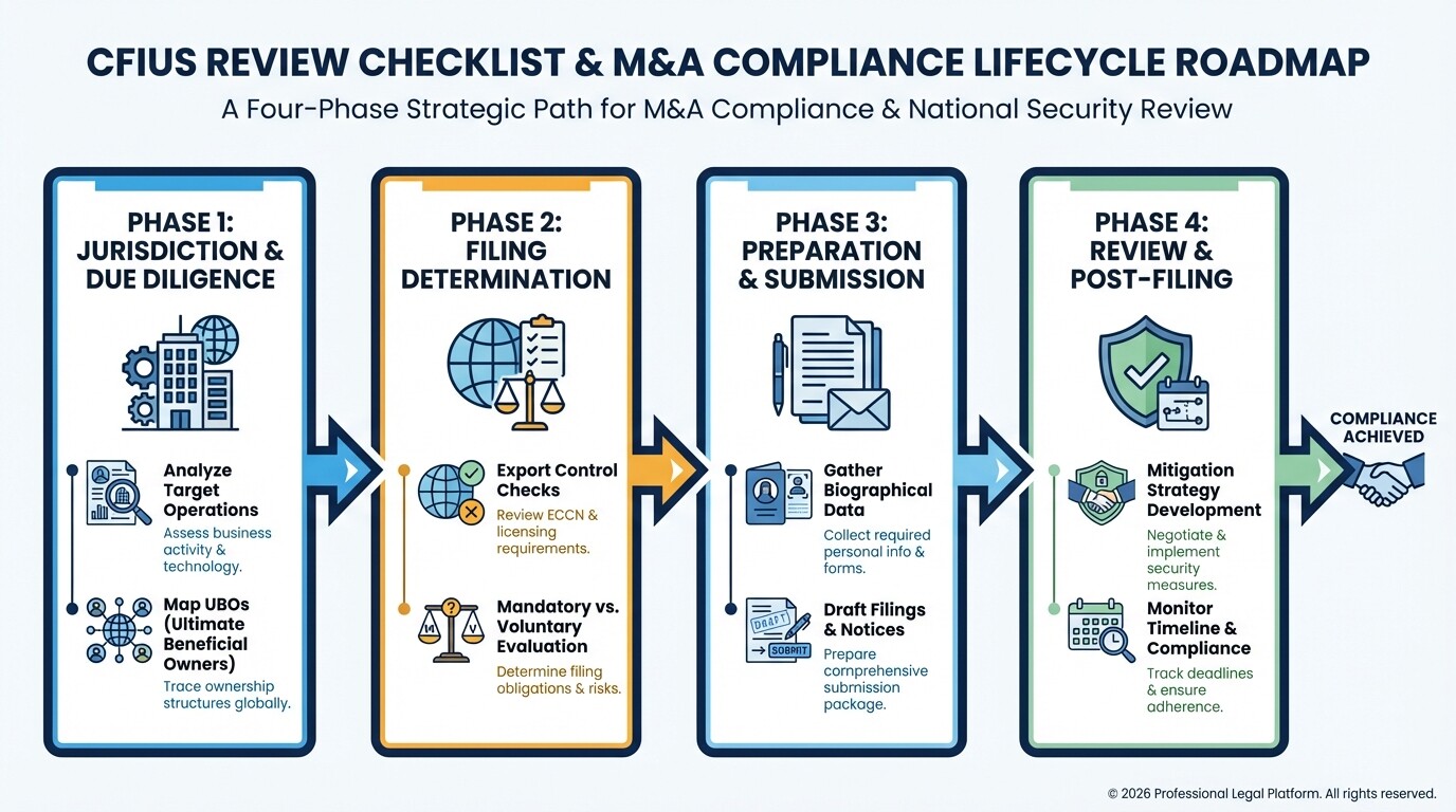 4-phase CFIUS review checklist process for cross-border tech acquisitions
