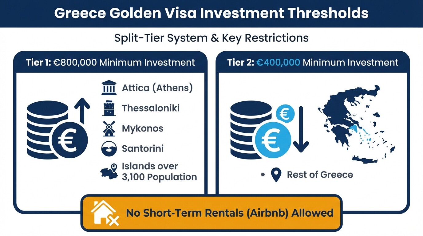 Infographic showing Greece Golden Visa property investment thresholds for Tier 1 and Tier 2 areas