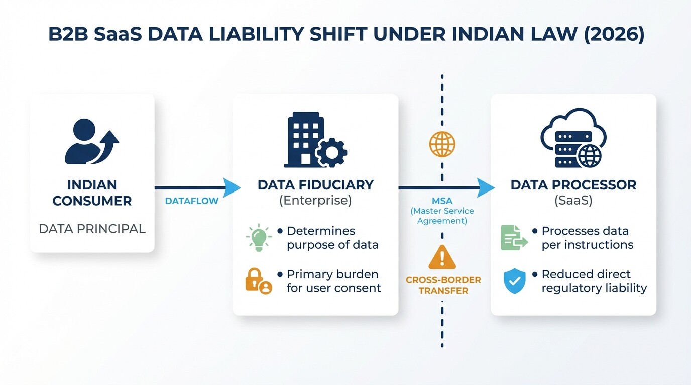 Flowchart showing legal relationships between Indian data principals, local enterprise fiduciaries, and foreign B2B SaaS data processors.