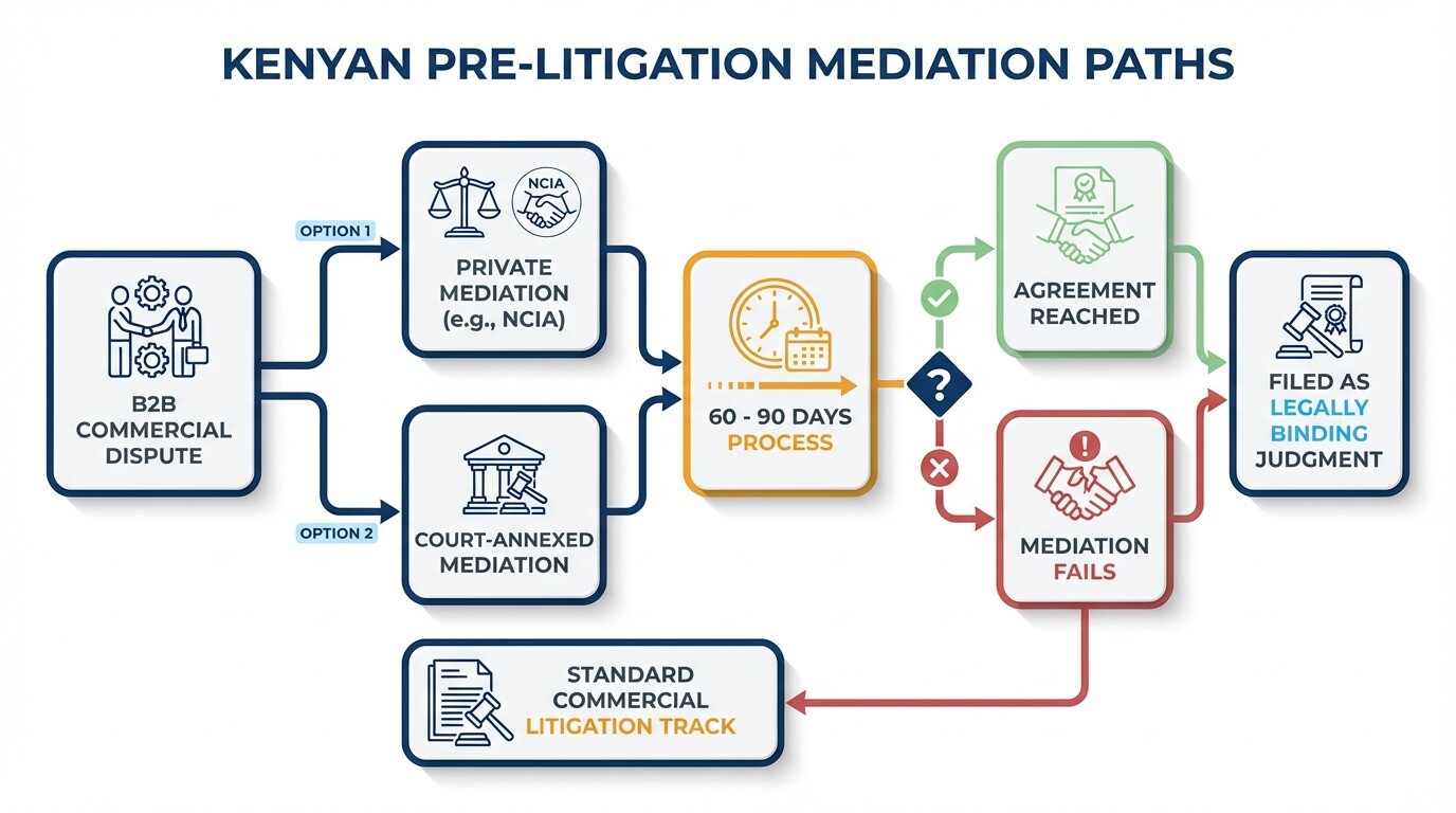 Flowchart showing mediation process timelines and outcomes in Kenyan B2B disputes