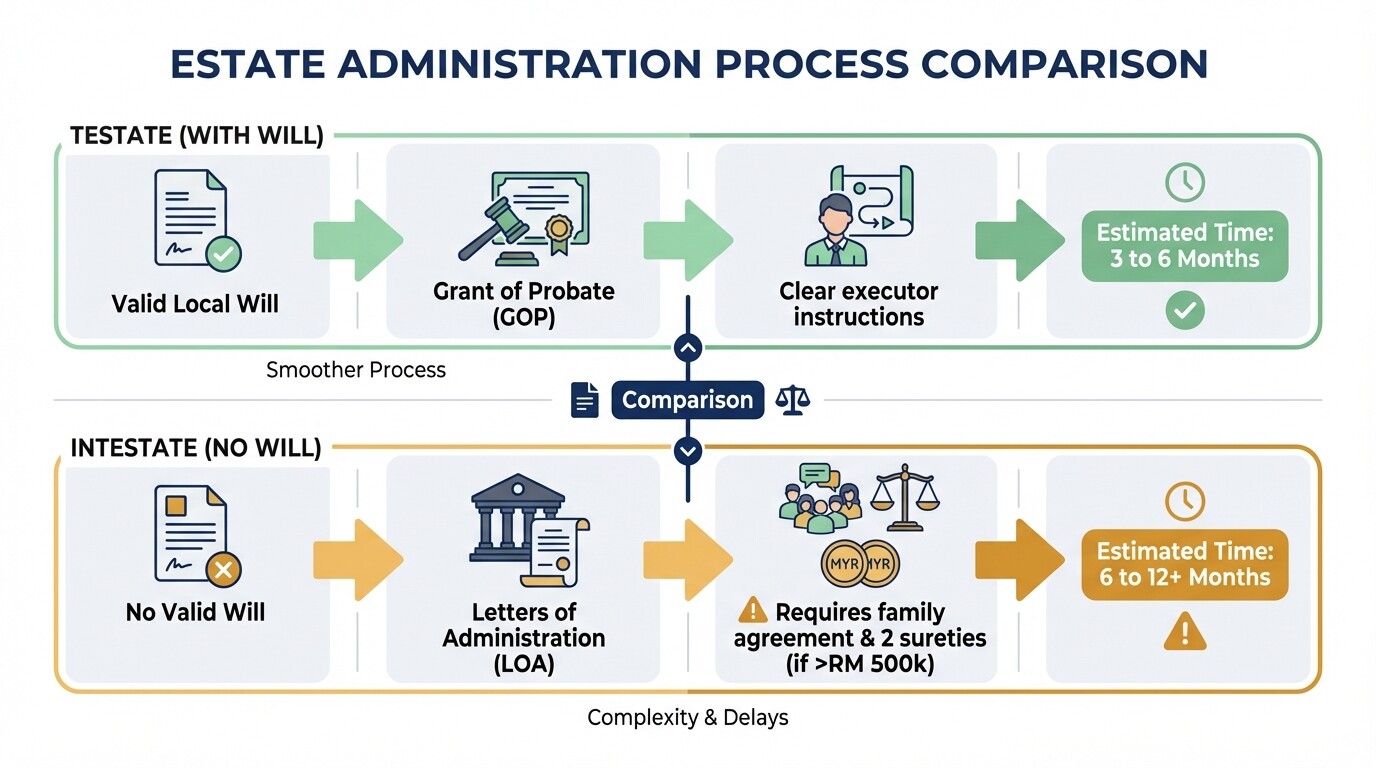 Timeline infographic comparing Grant of Probate and Letters of Administration in Malaysia