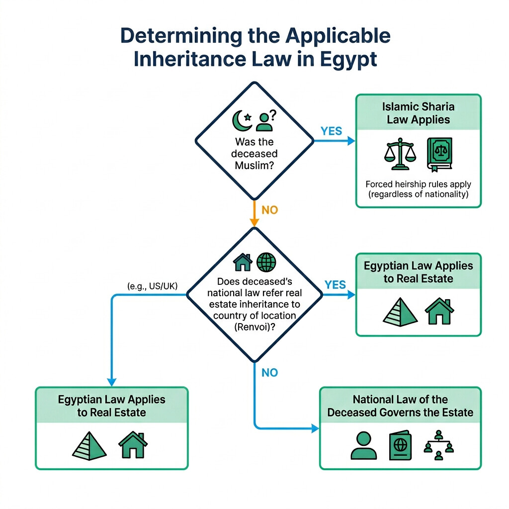 Decision tree flowchart showing how Egyptian courts determine applicable inheritance laws for expats