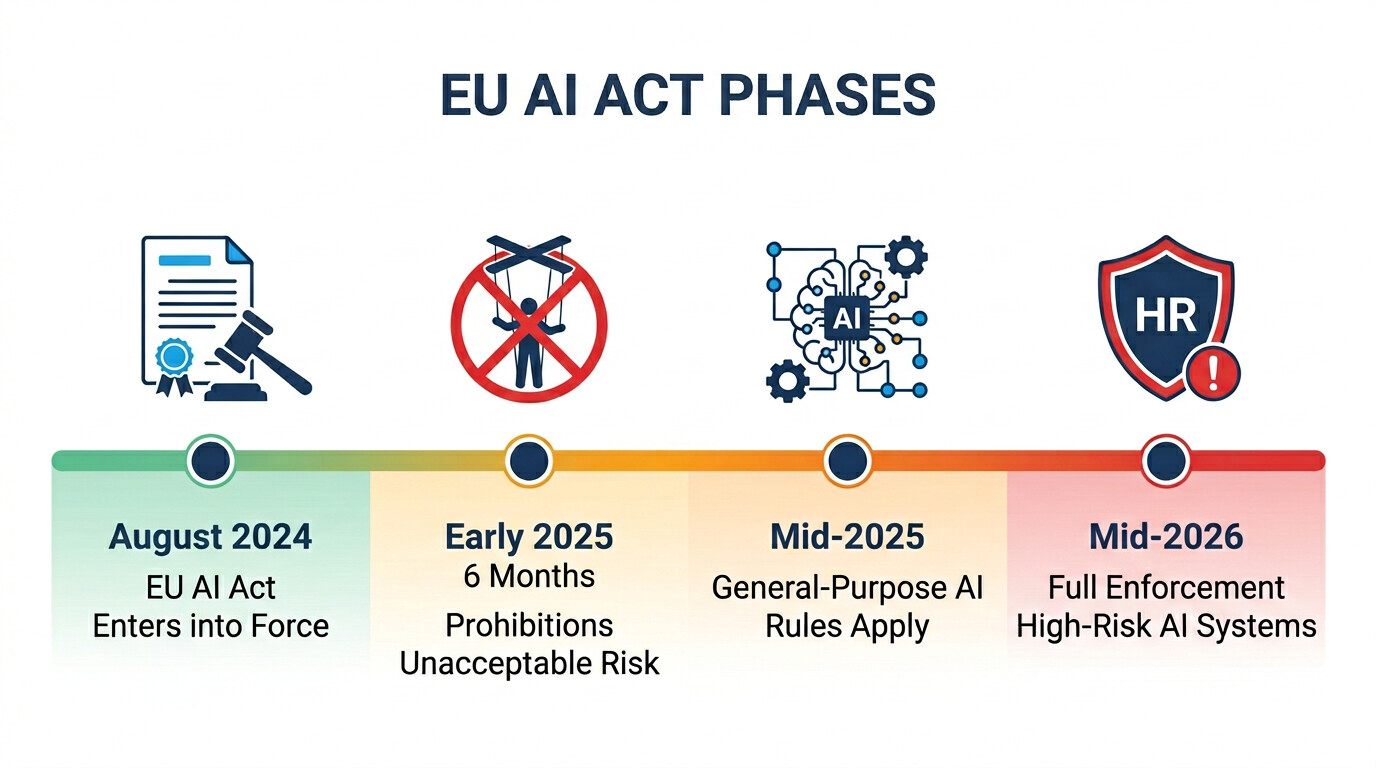 Timeline infographic detailing the phased enforcement of the EU AI Act from 2024 to 2026