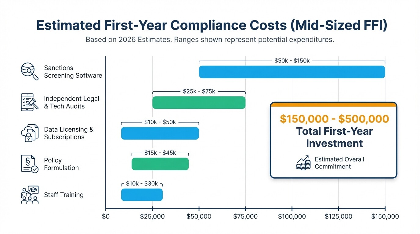 Bar chart showing estimated first-year sanctions compliance costs for foreign financial institutions ranging from 150,000 to 500,000 USD.