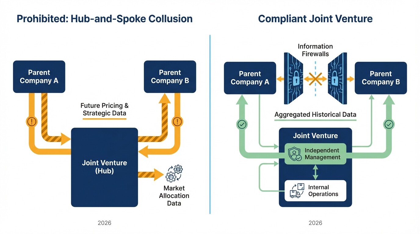 Diagram showing compliant joint venture data firewalls versus prohibited hub-and-spoke cartel conduct
