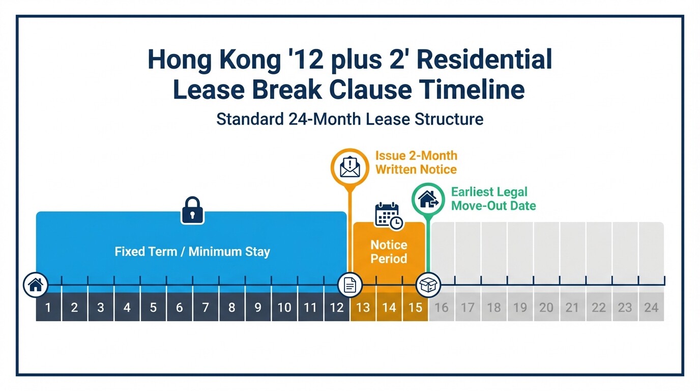 Timeline infographic explaining the 12 plus 2 lease break clause in Hong Kong