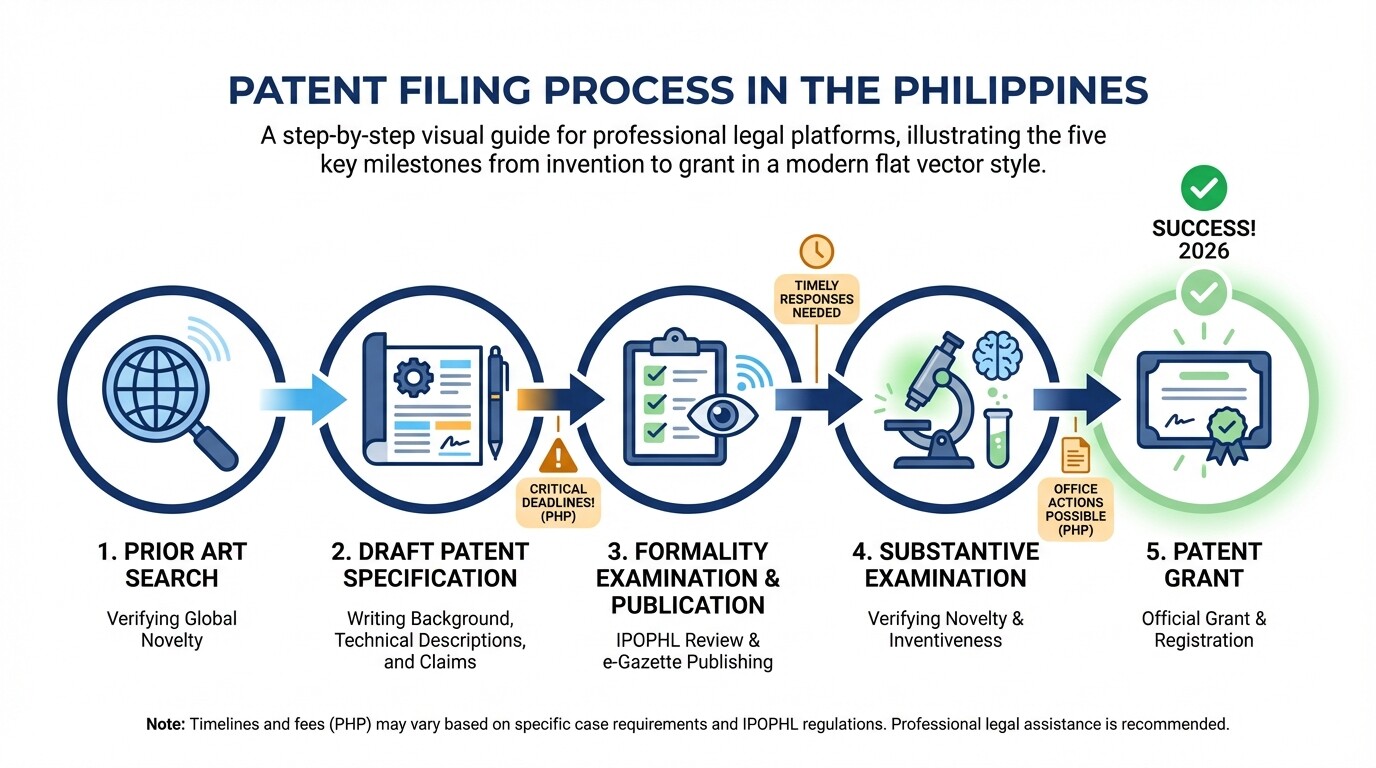 Step-by-step infographic of the IPOPHL patent filing process for local inventions