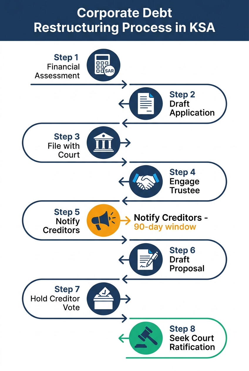 8-step timeline for the Saudi corporate debt restructuring process