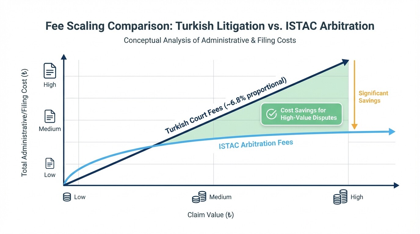 Line chart comparing infinite proportional Turkish court fees versus regressive ISTAC arbitration fees