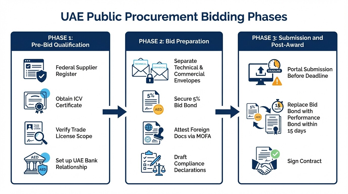 Three-phase timeline of the UAE public procurement bidding process