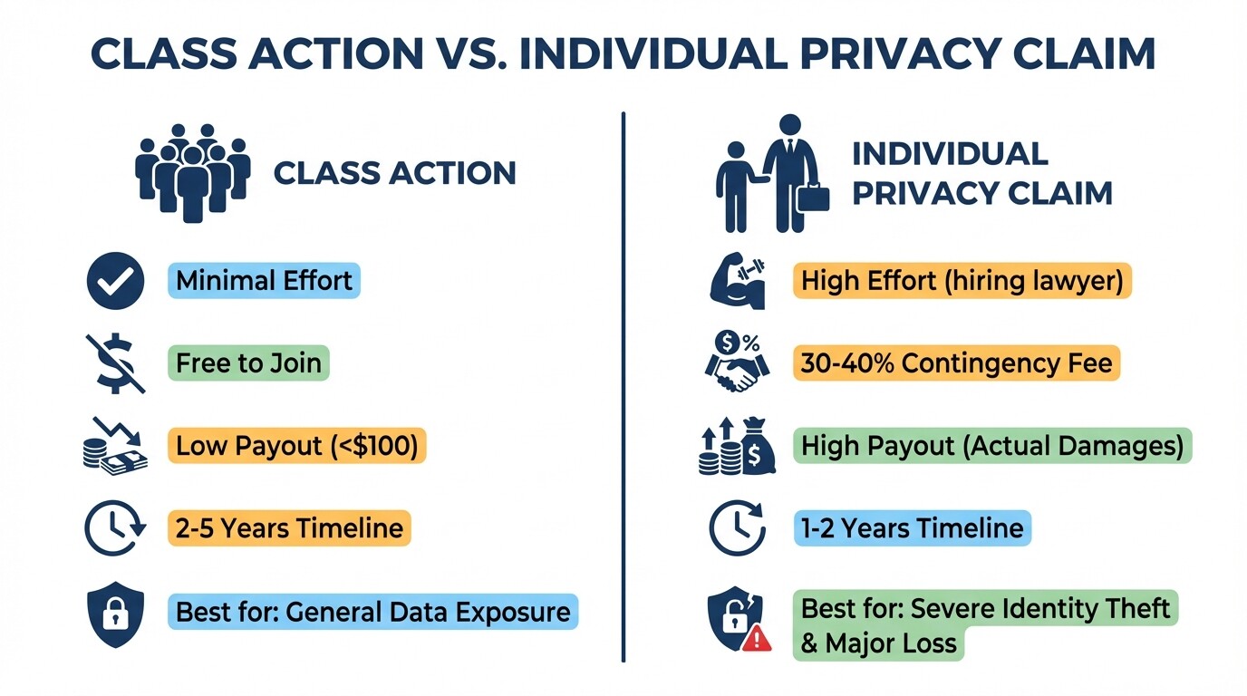 Comparison chart showing differences between class action and individual CCPA privacy claims