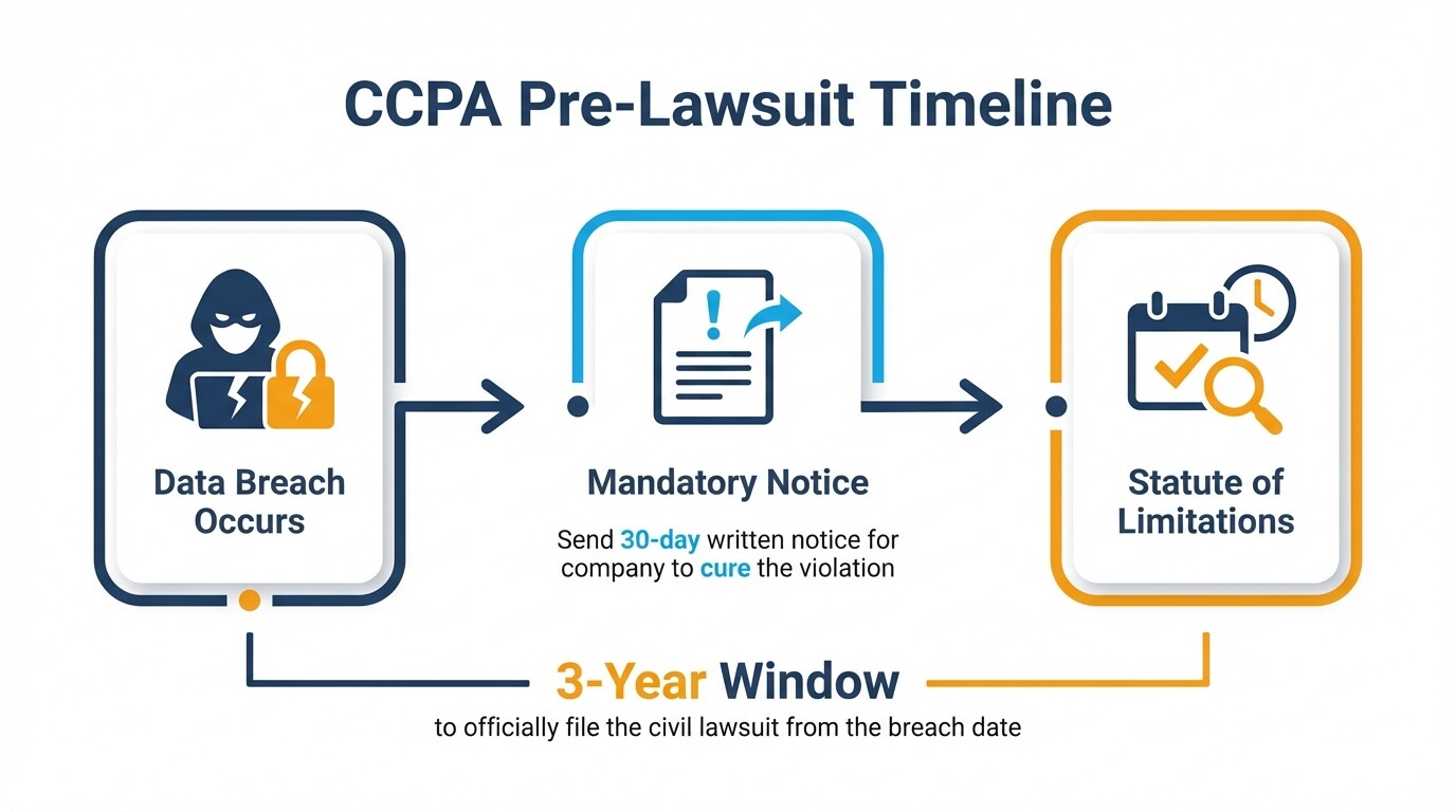Timeline of CCPA lawsuit steps including the mandatory 30-day notice and 3-year statute of limitations
