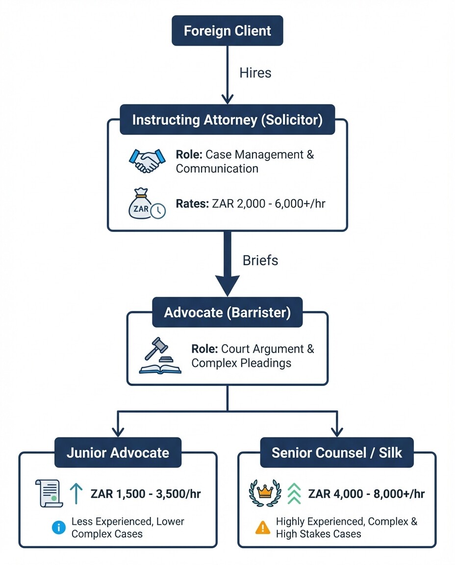 Flowchart detailing the South African split legal profession, comparing attorneys and advocates with cost breakdowns