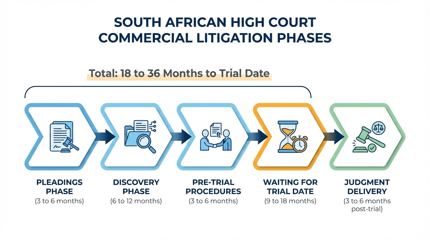 Timeline infographic showing the phases and expected durations of South African commercial litigation