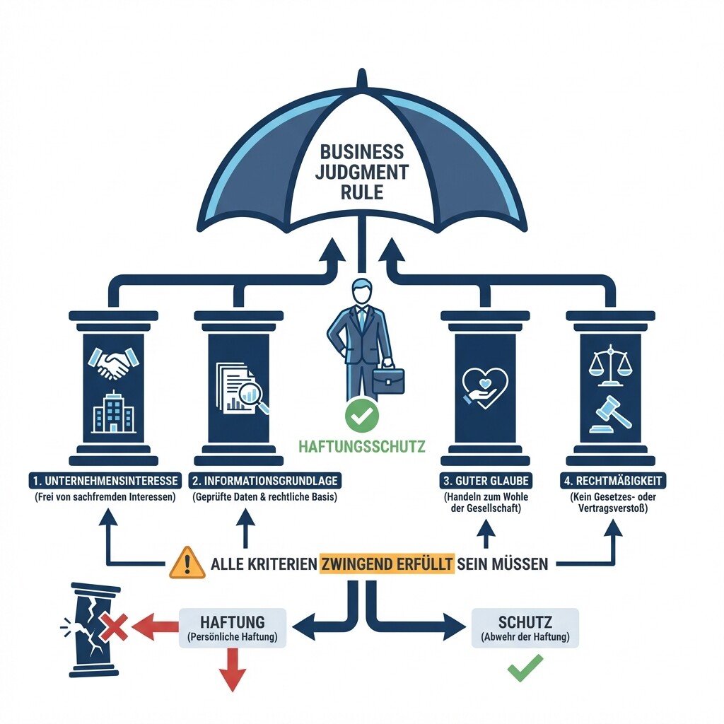 Diagramm der vier Voraussetzungen der Business Judgment Rule als Schutzschild