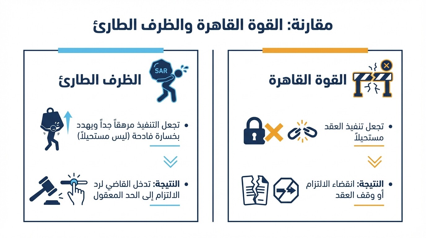 مقارنة قانونية بين القوة القاهرة والظرف الطارئ في العقود التجارية السعودية