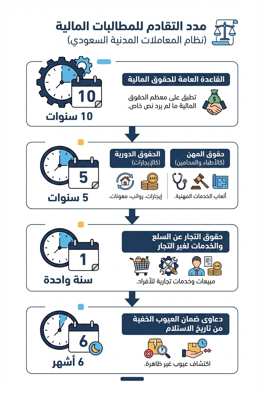 إنفوجرافيك يوضح المدد الزمنية للتقادم وسقوط الحق في الدعاوى المالية في السعودية